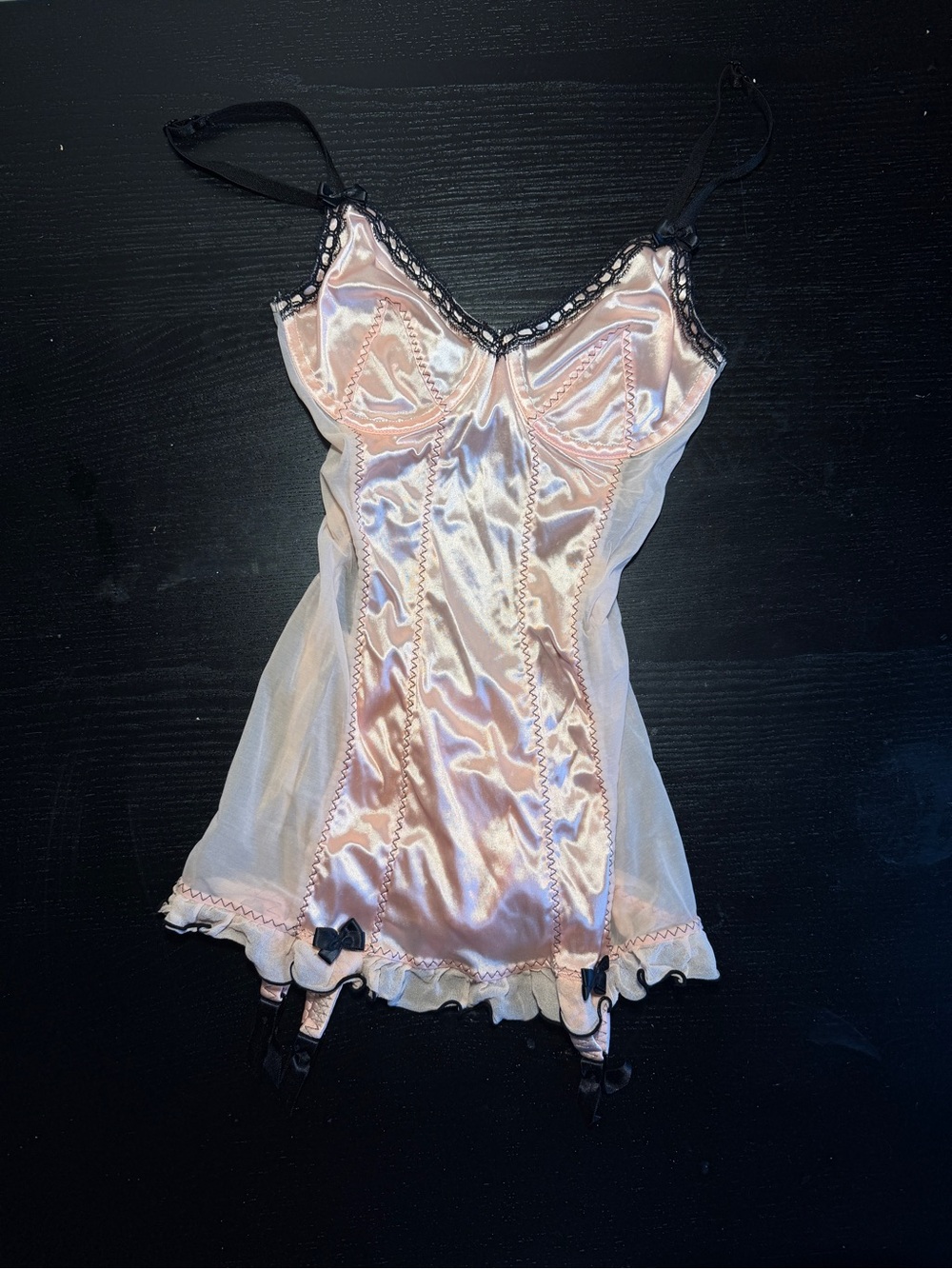 Vintage Victoria’s Secret Pink & Black Satin corset slip dress w/ garters Y2K